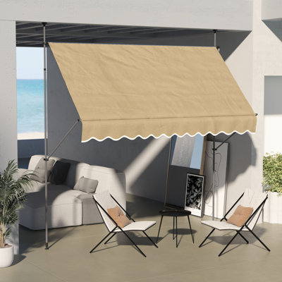 Auvent de 118 po, rétractable manuellement avec toile de soutien et poteau de soutien, pattes réglables pour abri de soleil beige, pour terrasse, porche, fenêtre,