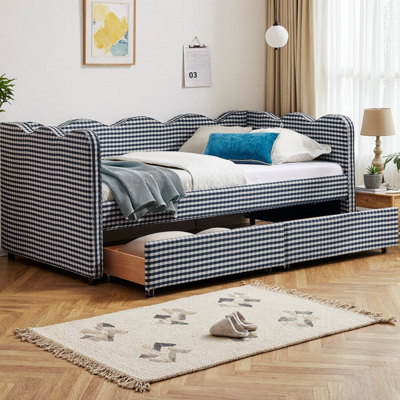 Lit de jour simple en vichy confortable avec deux tiroirs de rangement et port USB, adorable canapé-lit en lin en forme de vague, pour la chambre à coucher ou la chambre d'amis, aucun sommier nécessaire