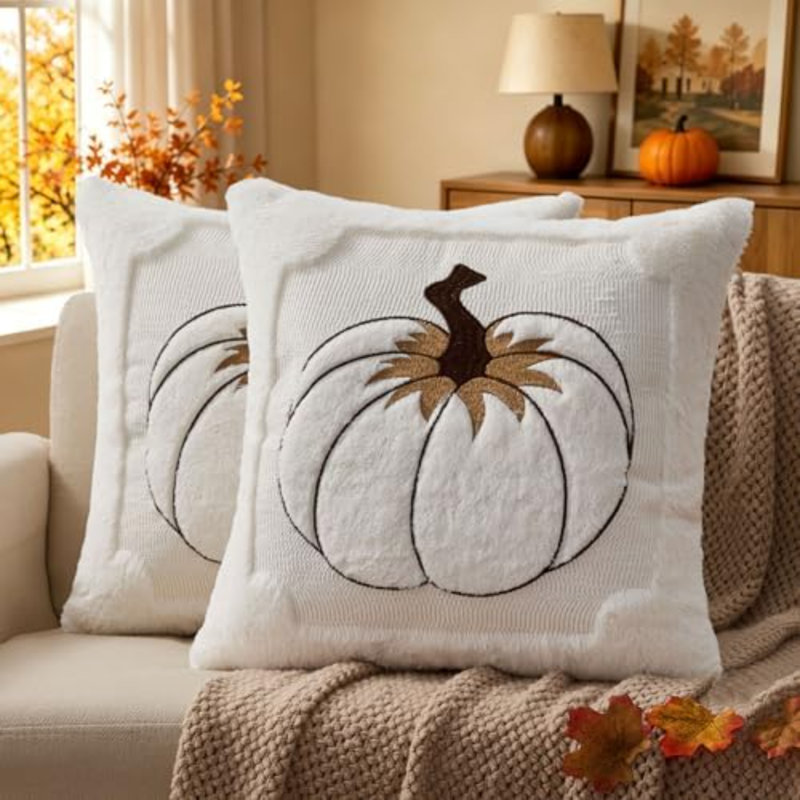 Couvre-oreiller d'automne 18 x 18 feuilles de citrouille blanc crème, Cream,White
