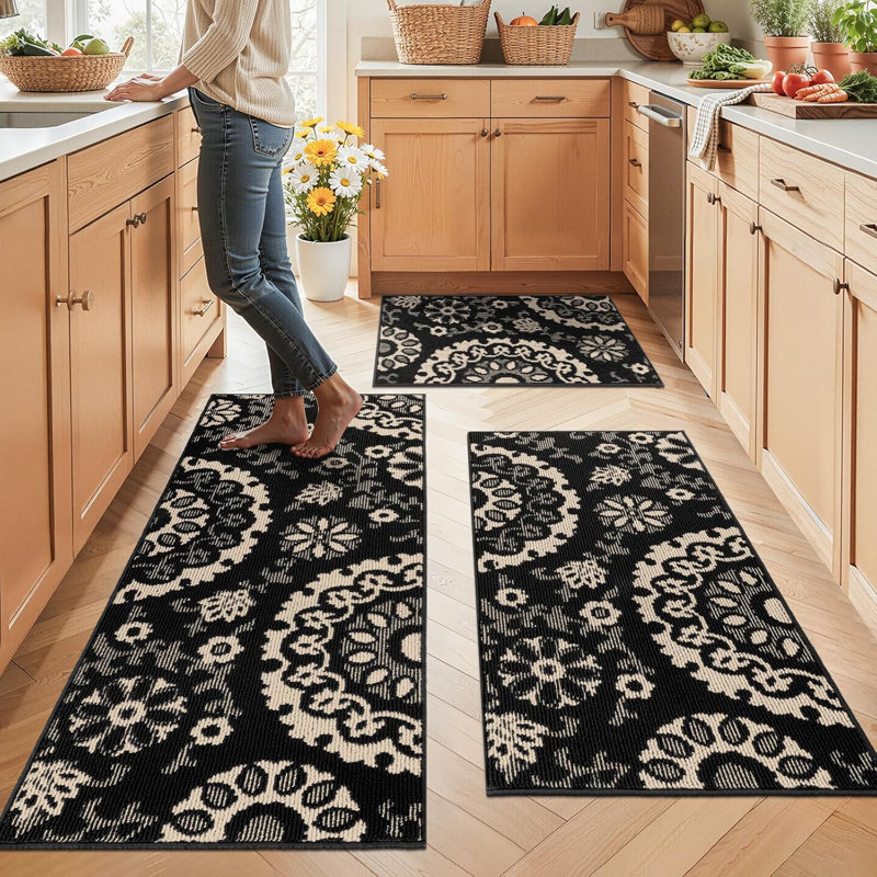 Wide Scratch-resistant Washable Kitchen Mats & Runer（Set of 3）, Black/Beige