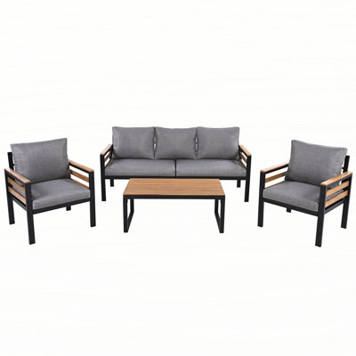 4-Piece Outdoor Furniture Sofa Set for 5 People with Acacia Wood Armrests, Patio Conversation Set with Removable Cushion and Solid Wood Coffee Table for Garden and Backyard
