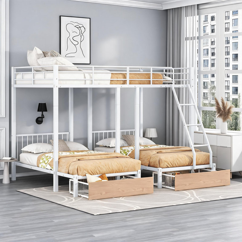 Lit superposé triple multi-enfant et lit superposé, fabrication classique en bois blanc avec tiroirs et garde-corps