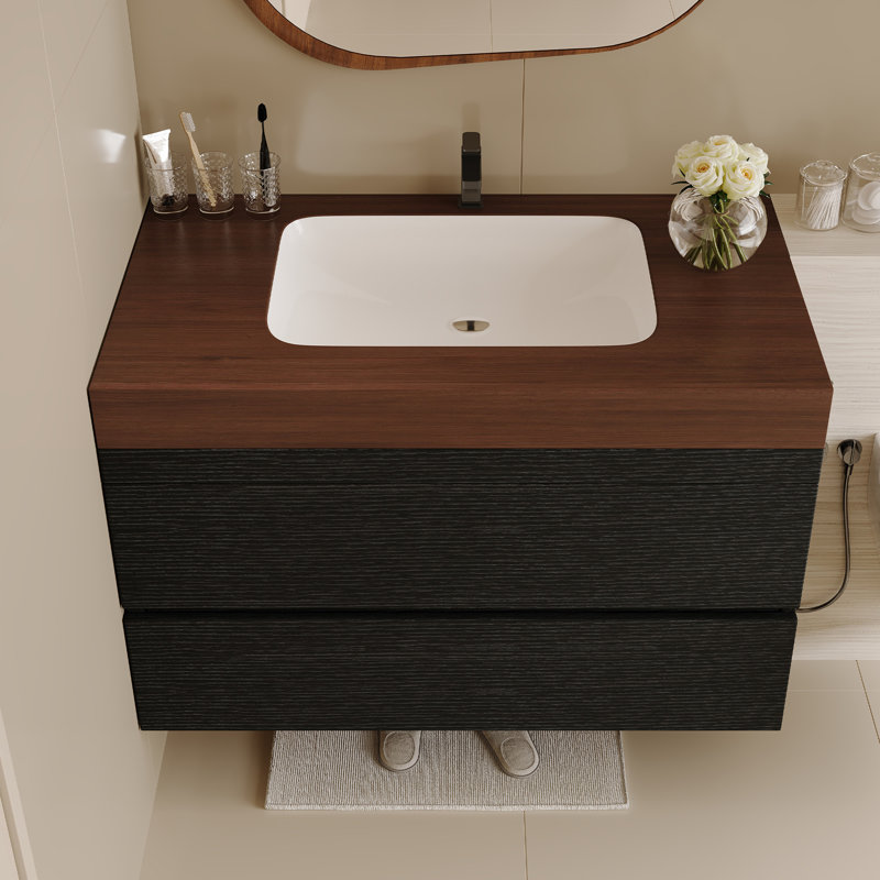 Meuble-lavabo moderne flottant avec comptoir en faux marbre et lavabo encastré en céramique, Noir, Walnut