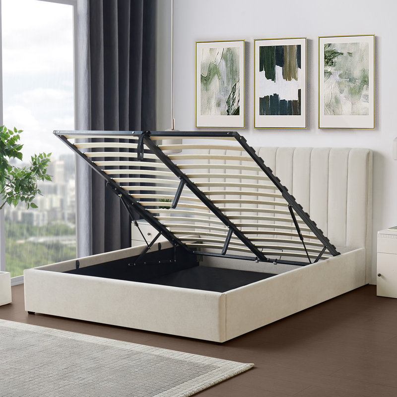 Evelynne Fabric Ottoman Bed Frame with Storage - , Beige, Kingsize (5')