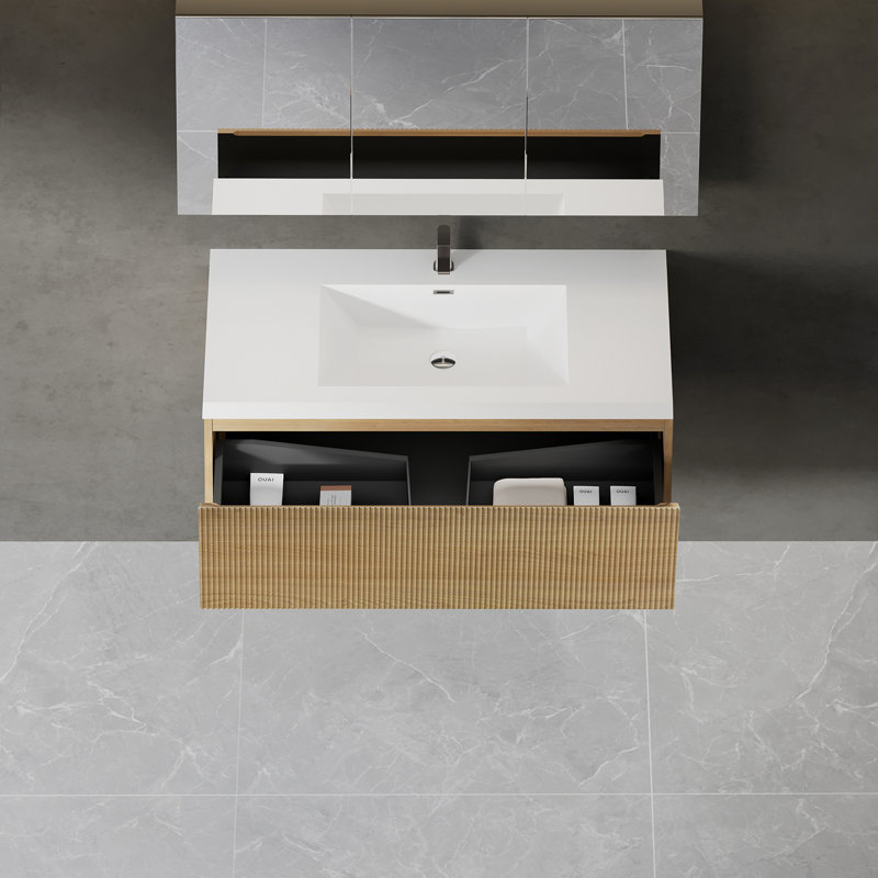Meuble-lavabo flottant avec lavabo, Chêne naturel, 42", Blanc