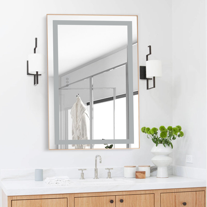 Miroir de salle de bain à DEL Led, rétroéclairé et avant éclairé, multifonction, fixation murale, or brossé, 24 po x 40 po
