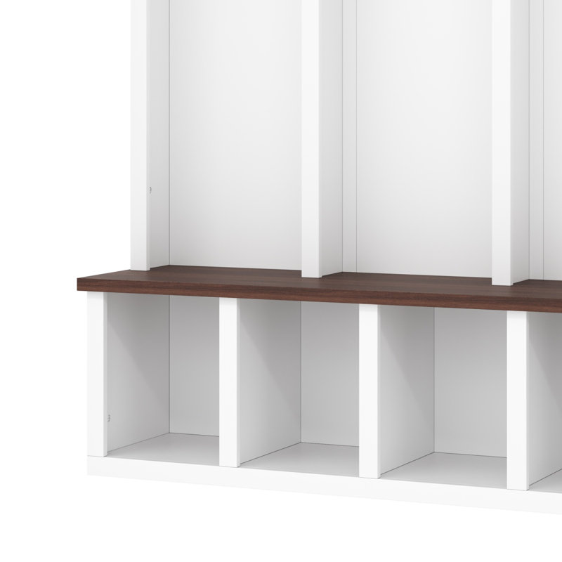 Farmhouse Wooden Hall Tree with Walnut Bench and Storage Cubbies, White