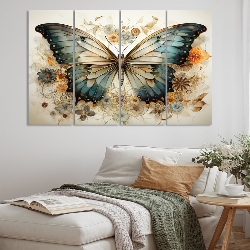 Papillon beige sarcelle, motifs complexes - Art mural sur toile animaux - 4 panneaux, Toile tendue