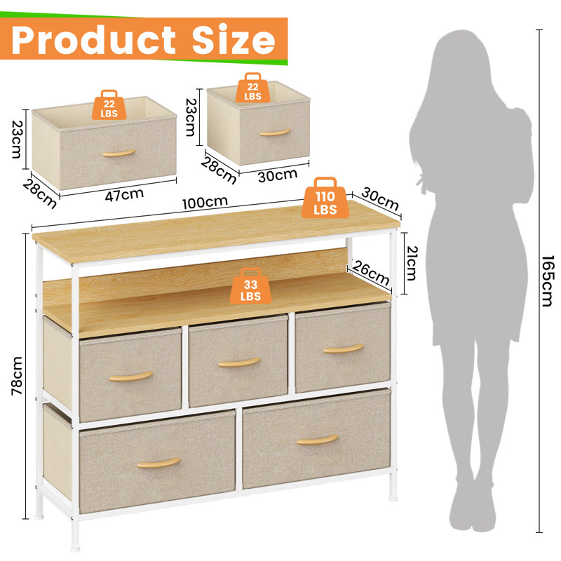 100cm W 5 - Drawer Chest of Drawers, Khaki