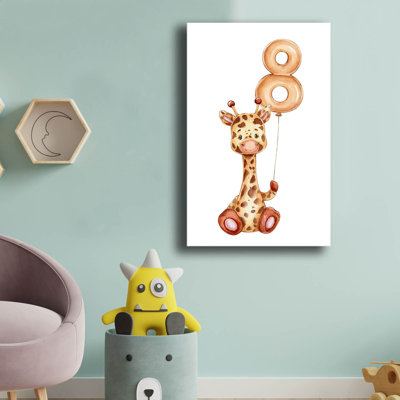 Giraffe With Number 8 Balloon Nursery Pine Frame Canvas Wall Art - 17.7" X 27.6"
