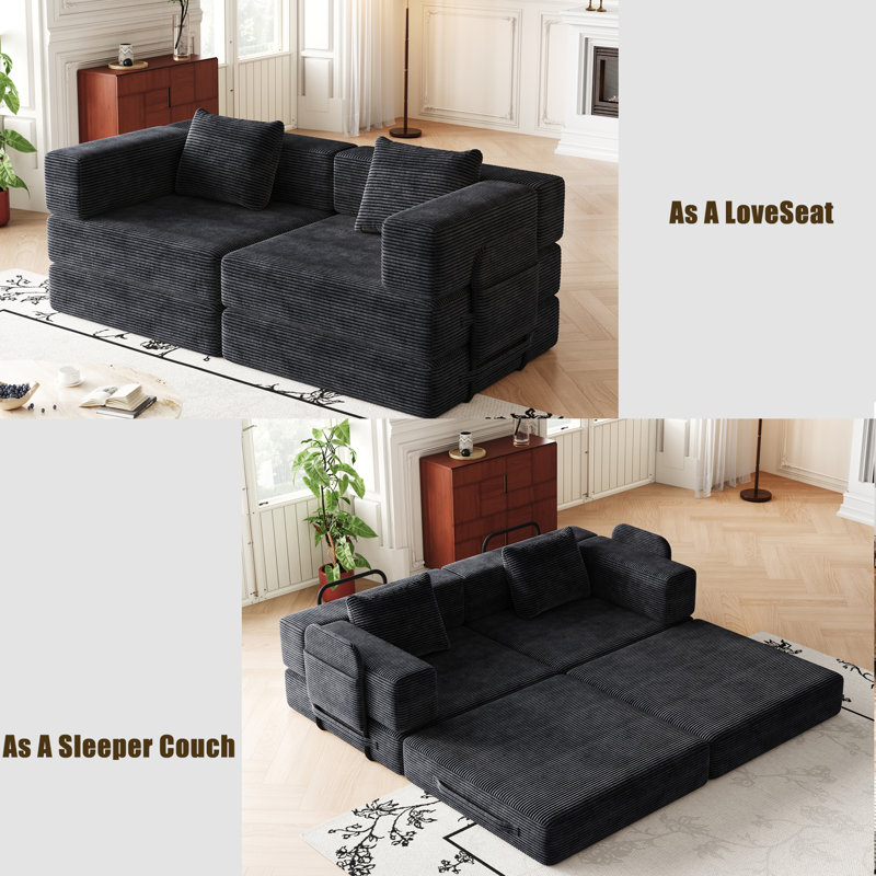 72.4" Compression Convertible Sofa Bed, Chenille Sofa, Comes With Two Side Storage Pockets And Two Cushions,black