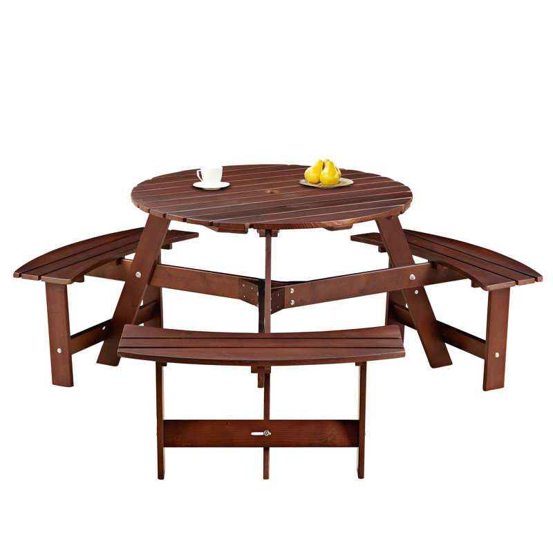Brown Picnic Table With 3 Benches For 6 People - Umbrella Hole Outdoor Use Built-In Person Weather Patio, Brown