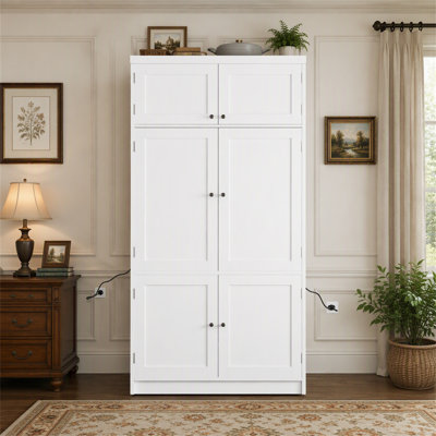Freestanding Kitchen Pantry with Power Outlets, Adjustable Shelves and Wine Rack