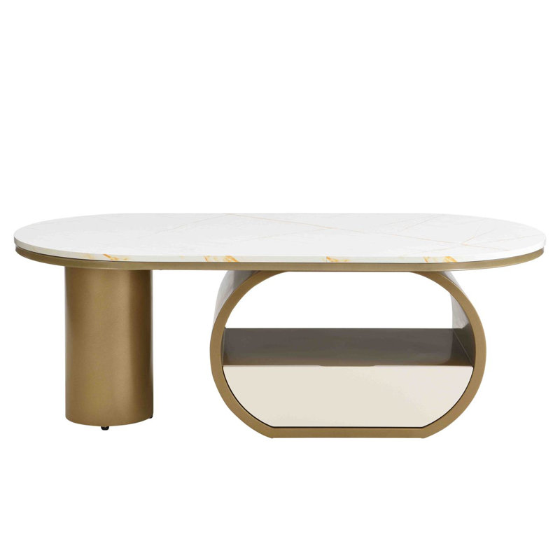 Table basse ovale avec tiroir de rangement 47,24 po, Blanc, Doré