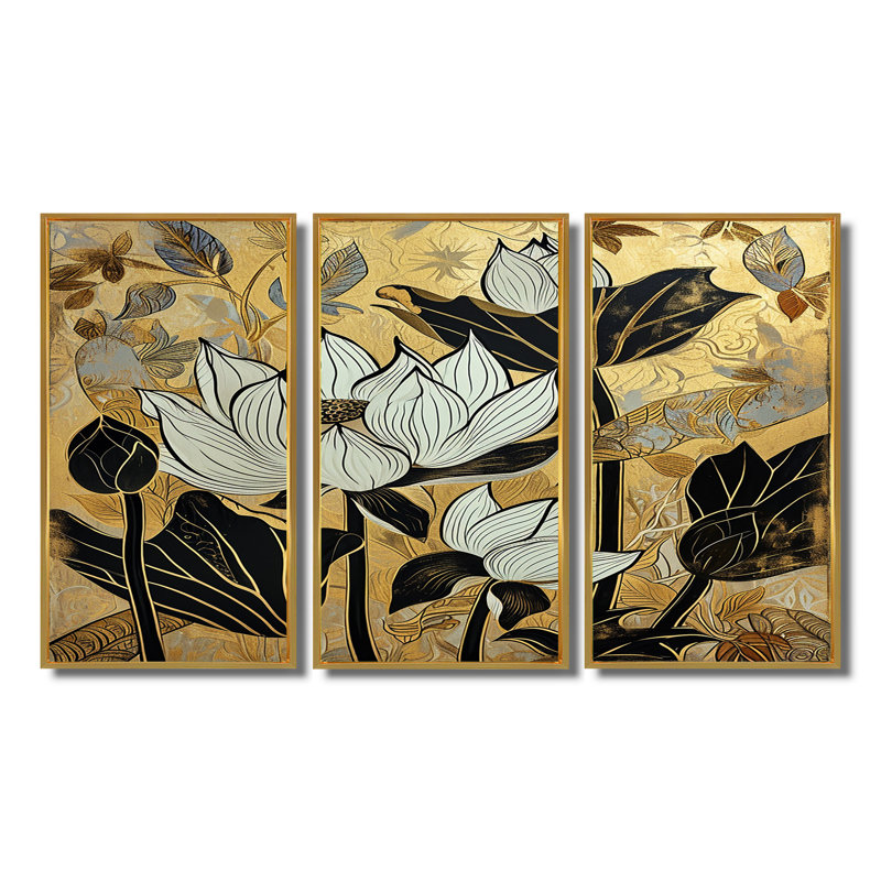 Anthony - ensemble d'art mural Lotus, Cadre flottant doré, H 40 po x l 60 po x P 1 po