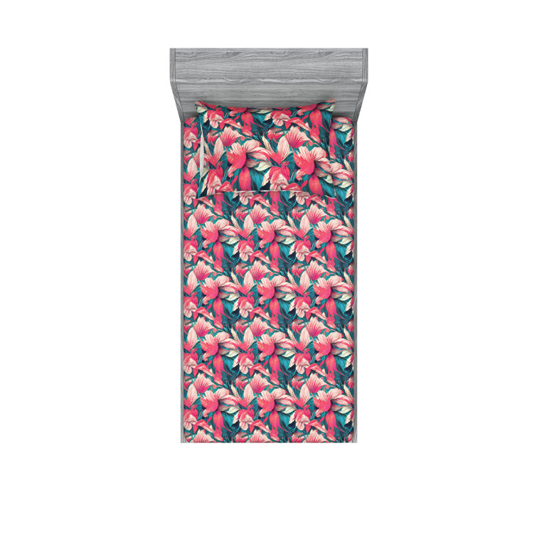 Ambesonne Fitted Sheet & Shams 3 Pcs Retro Botany Exotic Leaves Calking Pale Rust Seafoam Emerald