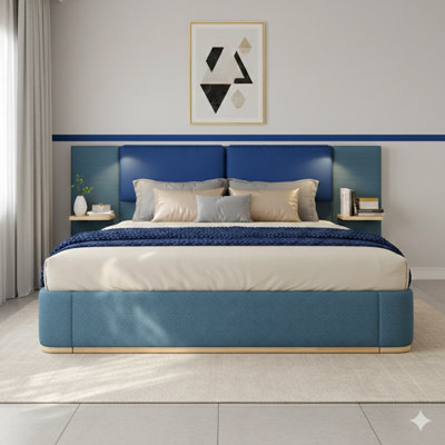 Queen-Sized Upholstered Platform Bed With A Panel Design, Features Anti-Collision Soft Rounded Corners, Stable And Solid Construction, No Box Spring Needed, Easy Assembly, In Blue.