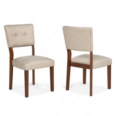 2Pc Mid-Century Brown Wwood Finish Curved Button Tufted Chairs Upholstered Seat Back Dining Room Wooden Solid Wood Furniture