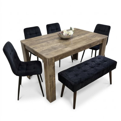 Dining Table Set with Rustic Wood Effect Table, 4 Black Velvet Chairs and Black Velvet Bench 6 Seater