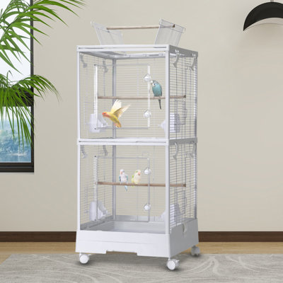 39" 2-In-1 Small Bird Cage with Wheels - Indoor Outdoor Convertible Metal Parrot Cage with Top Stand, Slide-Out Tray, Perches & Bowls, Travel Carrier & Aviary for Cockatiels, Lovebirds, Budgies, White