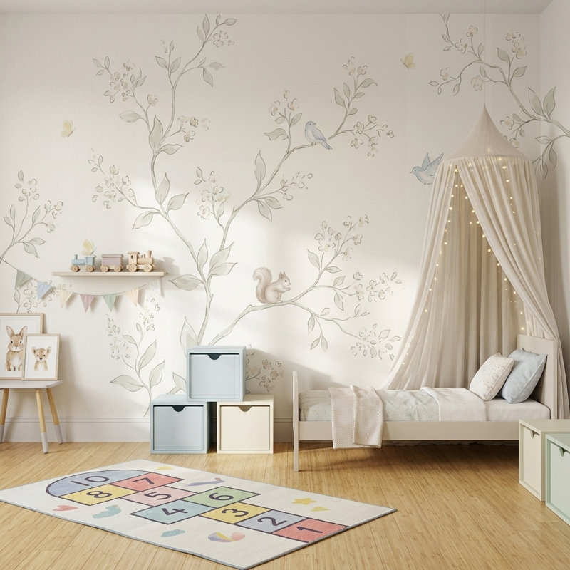 Floral Branches Wallpaper Blossom Tree Birds Removable Wall Decor, 140"x108", Peel and Stick
