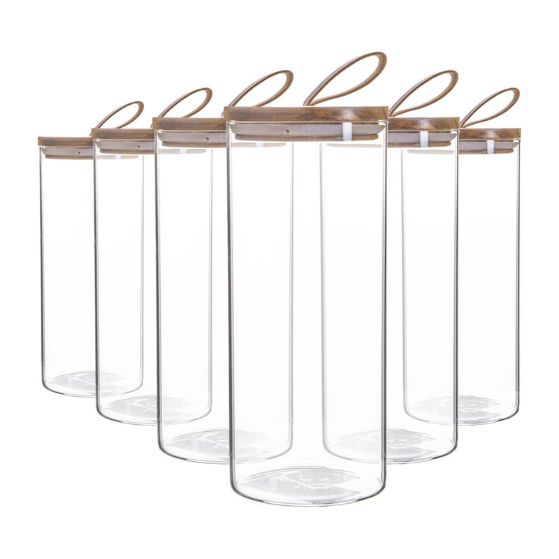 Argon Tableware - Glass Storage Jars with Wooden Lids - Leather Loop - 1.5 Litre - Set of 6