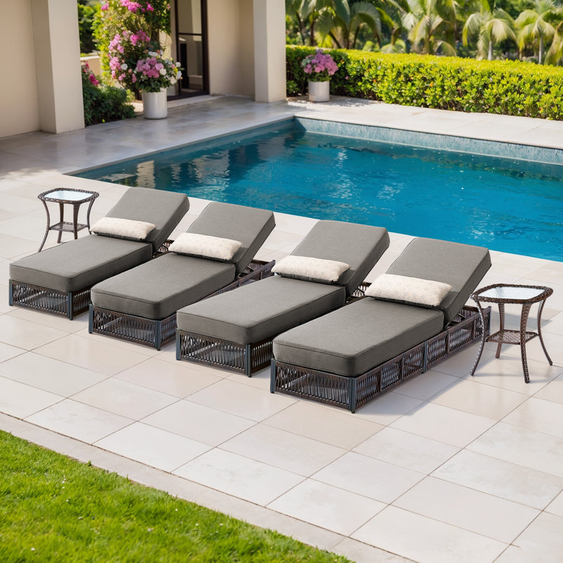 Laguna Patio Chaise Lounge Chair, Luxury Recliner With 6-Position Backrest & 5-Inch Cushions Set Of 4 With 2 Side Tables