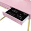 Bureau de coiffeuse rectangulaire rose et or avec poignée en cristal, structure en métal, miroir, plateau à bijoux, 2 tiroirs de rangement, structure coulissante du tiroir central, extension aux 2/3