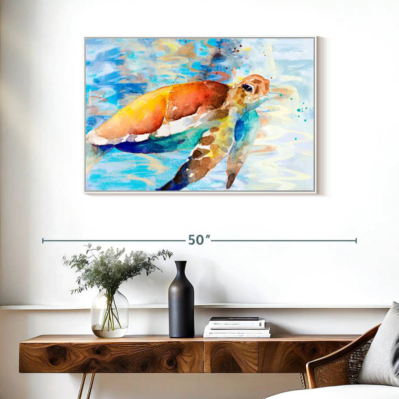 Tortue passant à travers, Cadre flottant blanc, 37 po x 25 po