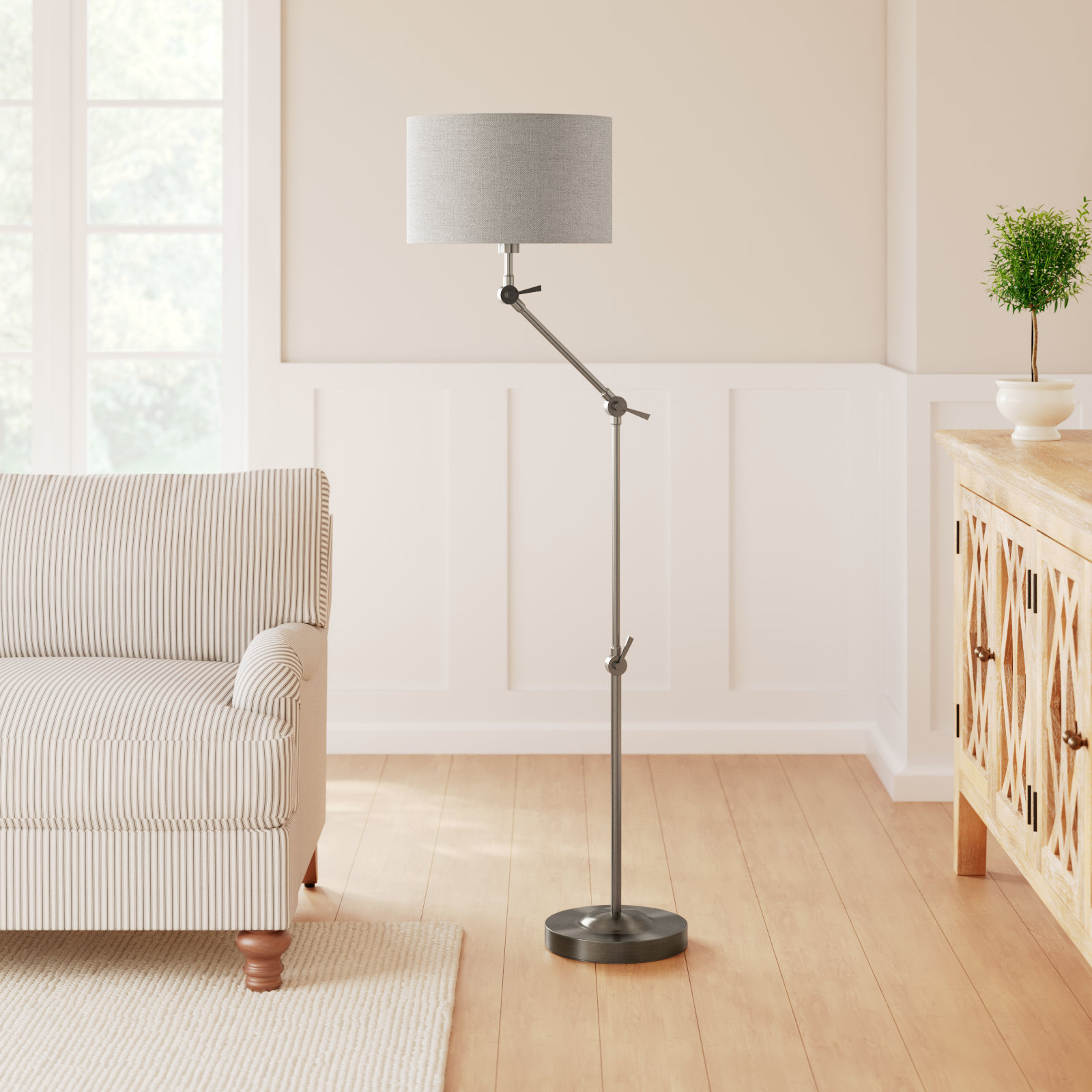 65.25'' Dimmable Swing Arm Floor Lamp, Brushed Steel, Light Taupe Textured Fabric