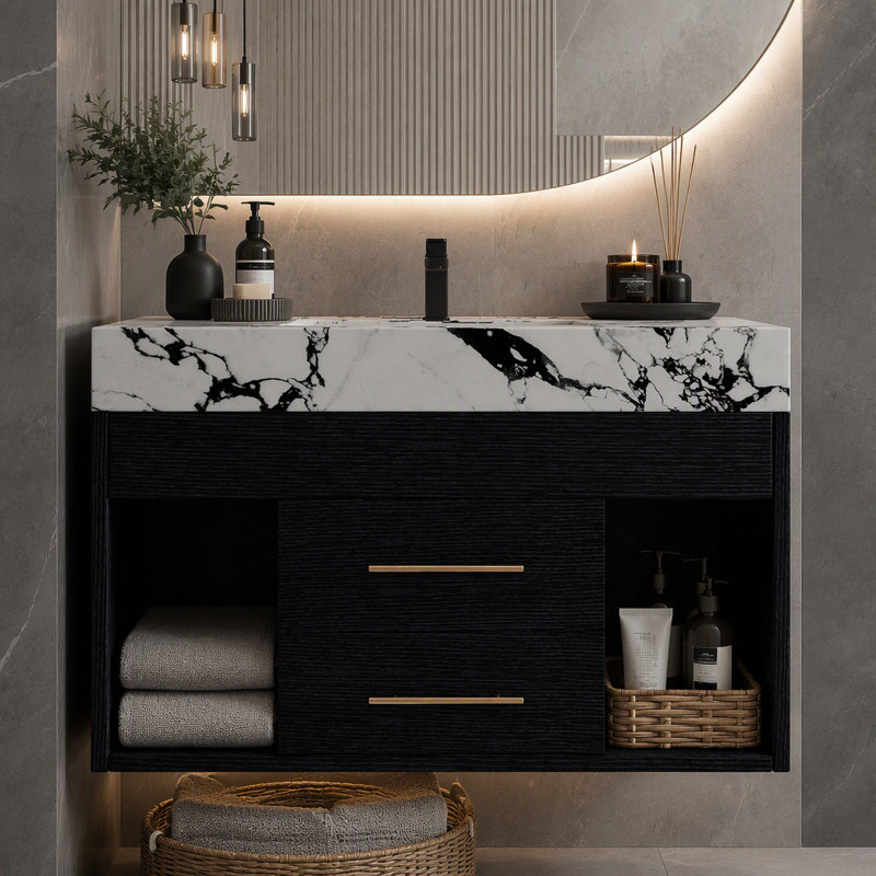 Wall Mounted Single Double Single Vanity Bathroom Vanity With Stone Top, Black,Black White