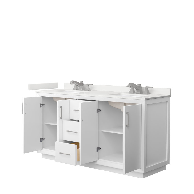 Strada 66" Freestanding Double Bathroom Vanity with Cultured Marble Top, White, Matte Black, Giotto Quartz