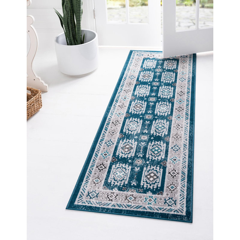 Tapis bleu à motif géométrique Dota, Tapis de couloir 2 pi x 6 pi 1 po