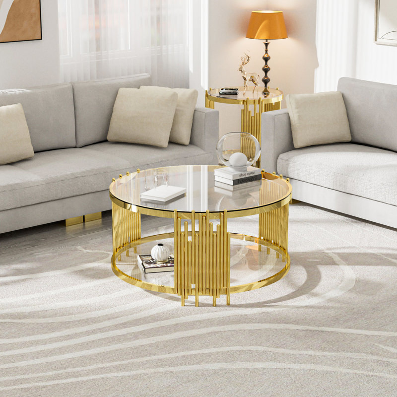 Tionah 35.4" W x 17.7" H 2-Tier Round Tempered Glass Top Coffee Table, Deluxe Gold Stainless Legs Sofa Table, Clear