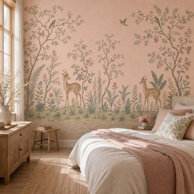 Toile paysage papier peint rosé rétro botanique