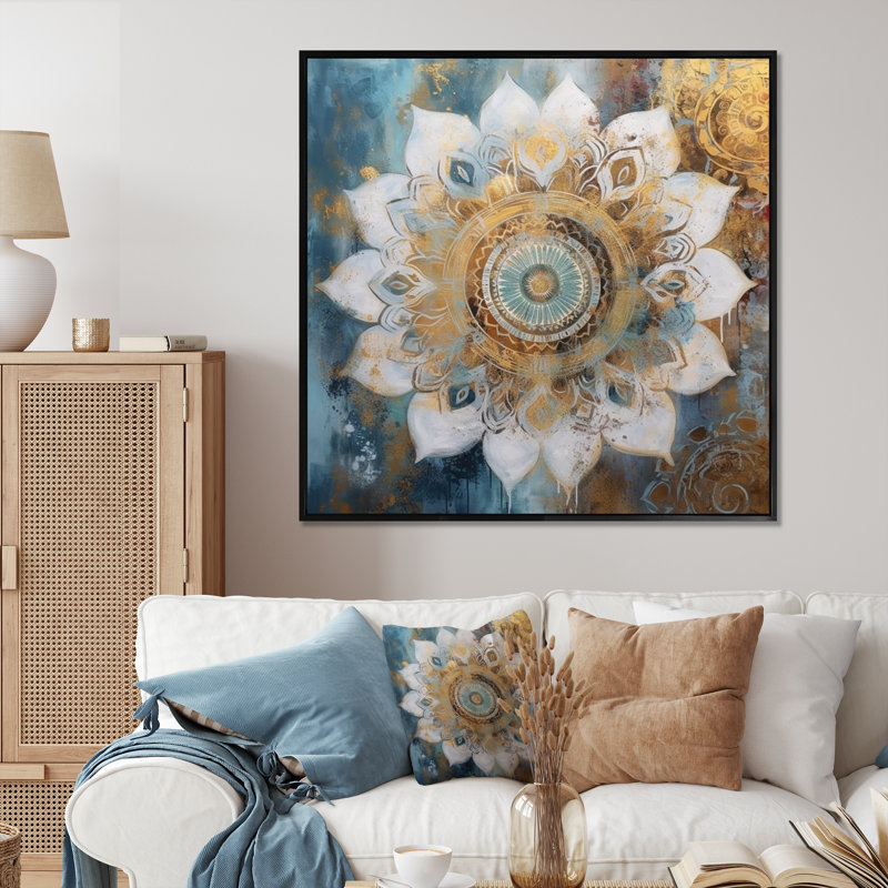 «White and Gold Mandala II - Boho Mandala», art mural sur toile, H 16 po x l 16 po, Cadre flottant noir