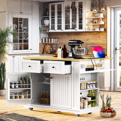 Large Rolling Kitchen Island With Drop Leaf, Power Outlet, Internal Storage Racks, 5 Open Side Racks, 2 Drawers, An Adjustable Shelf by Lark Manor