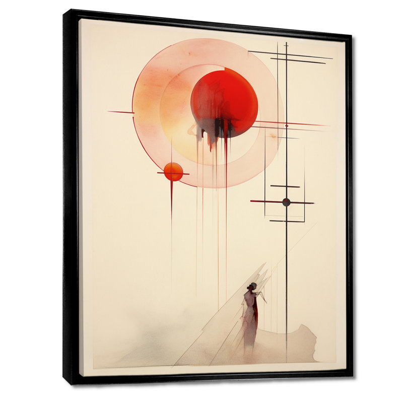 Lune rouge, géométrie rétro, art mural abstrait, H 32 po x l 24 po x P 1 po, Toile avec cadre flottant noir