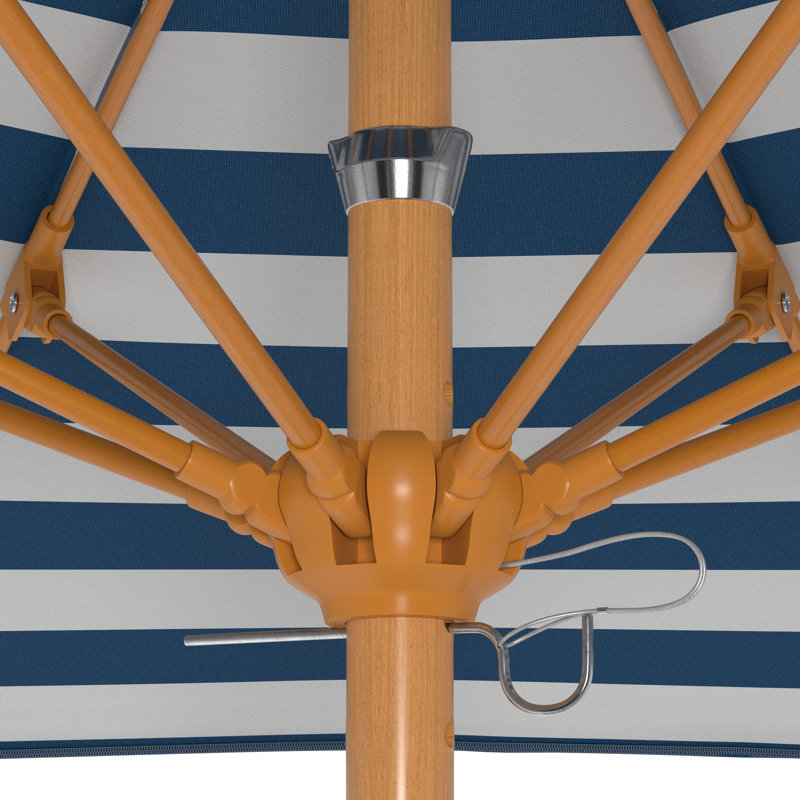 Parasol en bois de teck 7,5 pi, Blanc / bleu / rayé