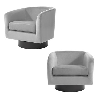 Fauteuil demi-tonneau pivotant en velours gris avec base en bois massif Eugenie Applewold
