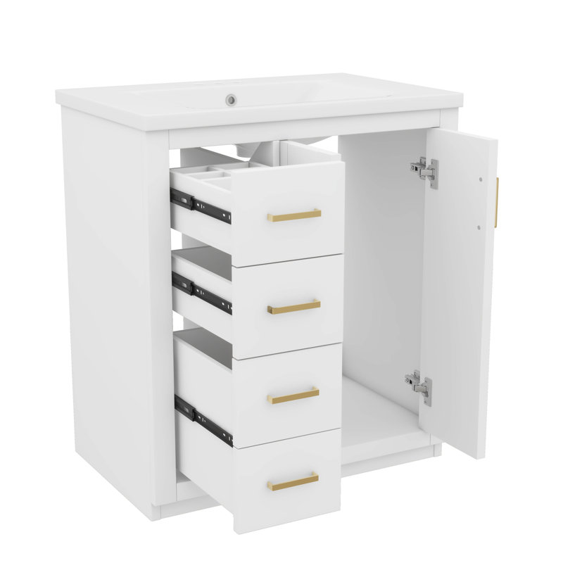 Meuble-lavabo de 30 po avec lavabo en céramique, armoire de rangement moderne à 3 tiroirs et 2 portes, meuble-lavabo autoportant, fermeture en douceur