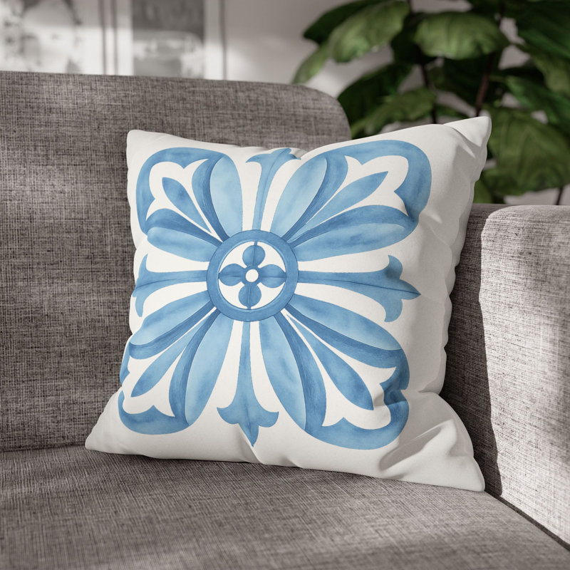 Block Print Inspired Pattern Throw Pillow, 16"H x 16"W, Blue, Synthetic Fibers