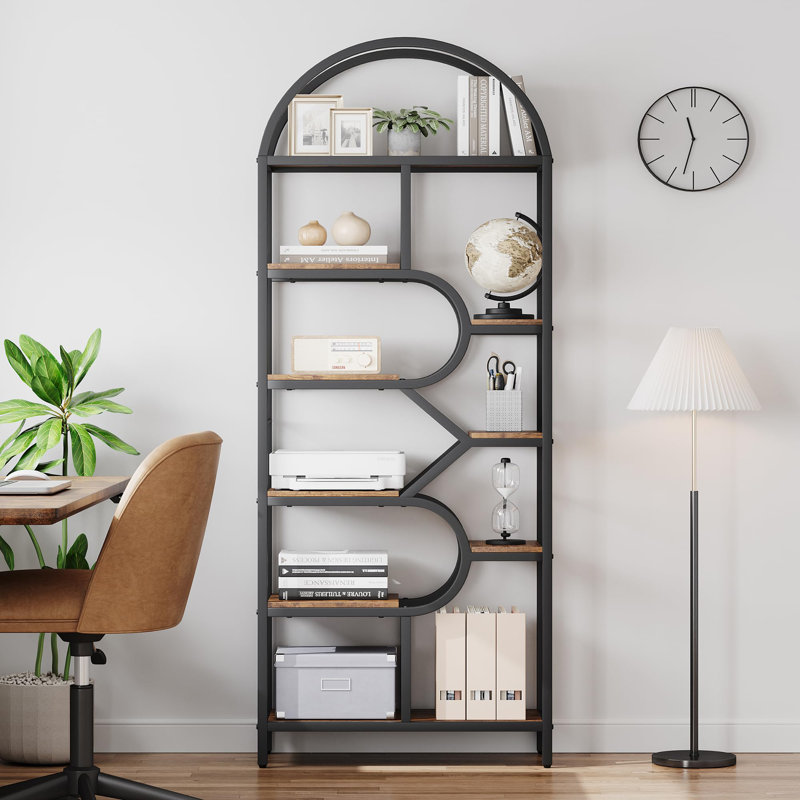 6-Tier Arched Bookshelf, 82" Tall Modern Geometric Bookcase, Large Metal Frame Display Storage Rack, Brown