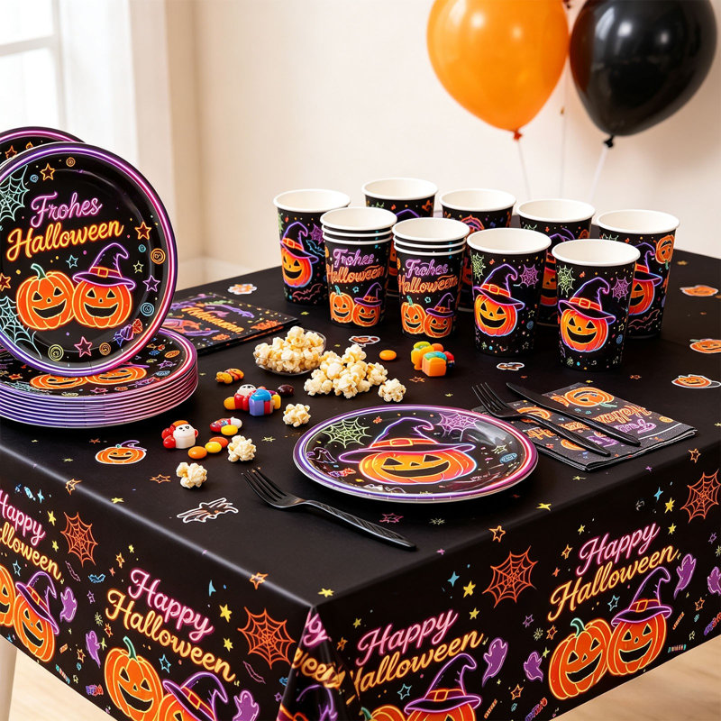 Vaisselle de fête d'Halloween pour 10 invités Décorations de fêtes pour les fêtes Assiettes en papier avec tasses Assiettes et couverts