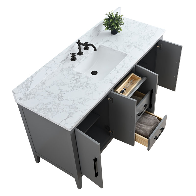Chambery 60" Single Sink Bathroom Vanity with Engineered Marble Top, Cashmere Gray, Matte Black