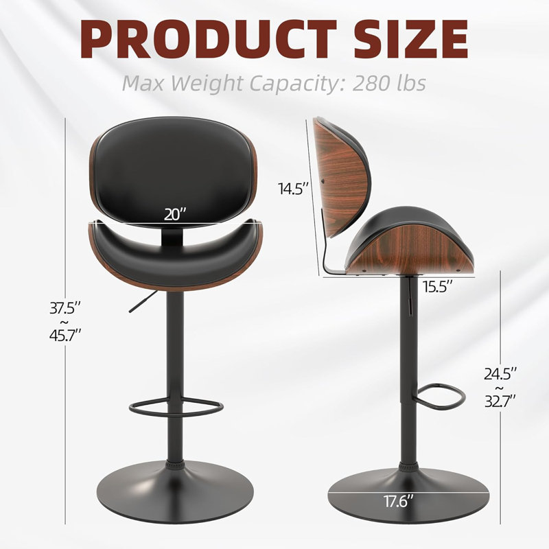 Bar Stools Set of 2, Adjustable Height(25"-32"), Swivel, Bentwood Seat & Back, Footrest, Black PU Leather, Black, Black