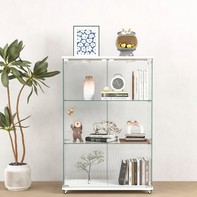 Vitrine moderne en verre avec lumières à DEL, armoire antique à assemblage rapide, bibliothèque en verre trempé, convenant au salon et aux chambres à coucher, 2 tablettes à 3 portes