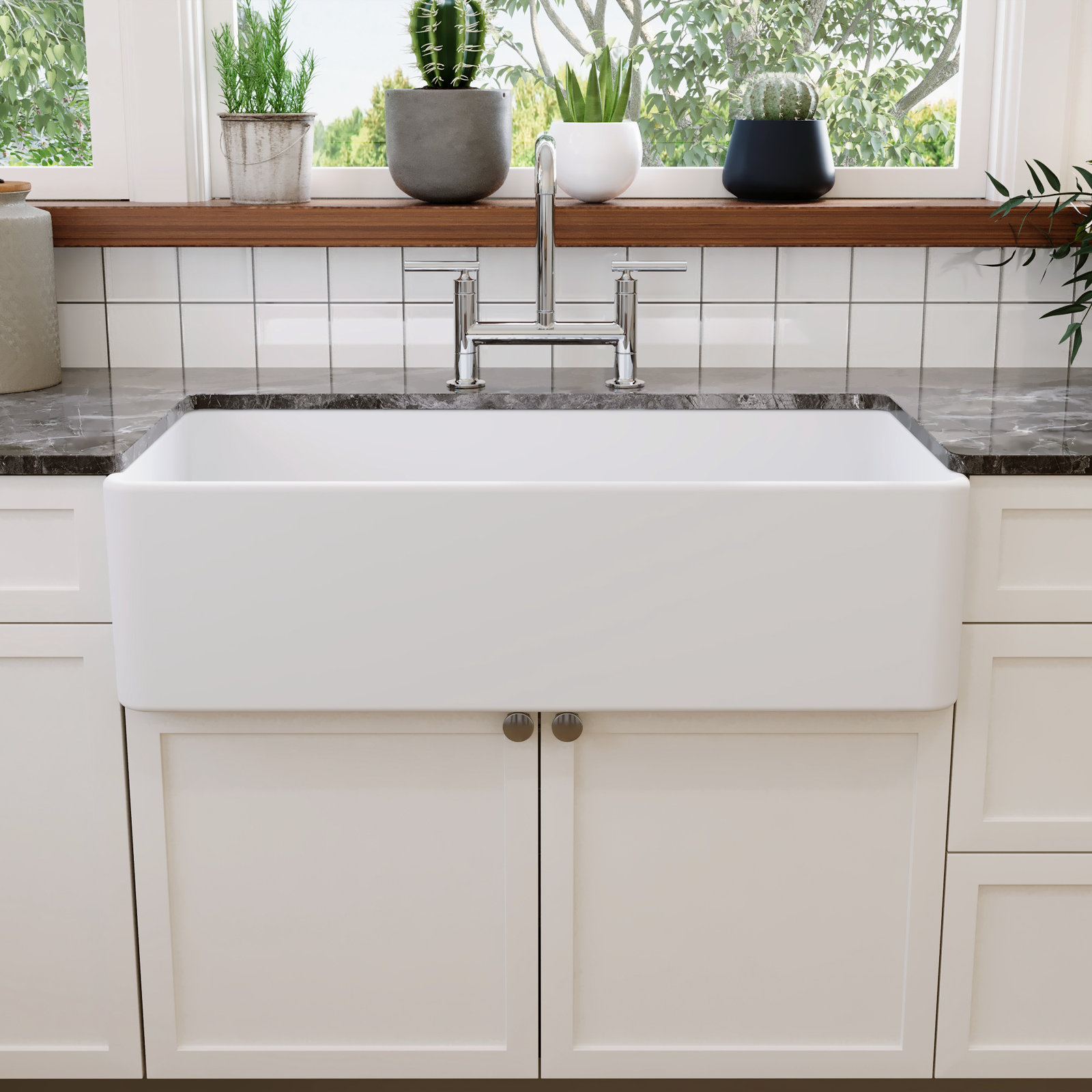 Grove 36" L X 18" W Fireclay Rectangular Single Bowl Farmhouse Kitchen Sink with Grid and Strainer, White