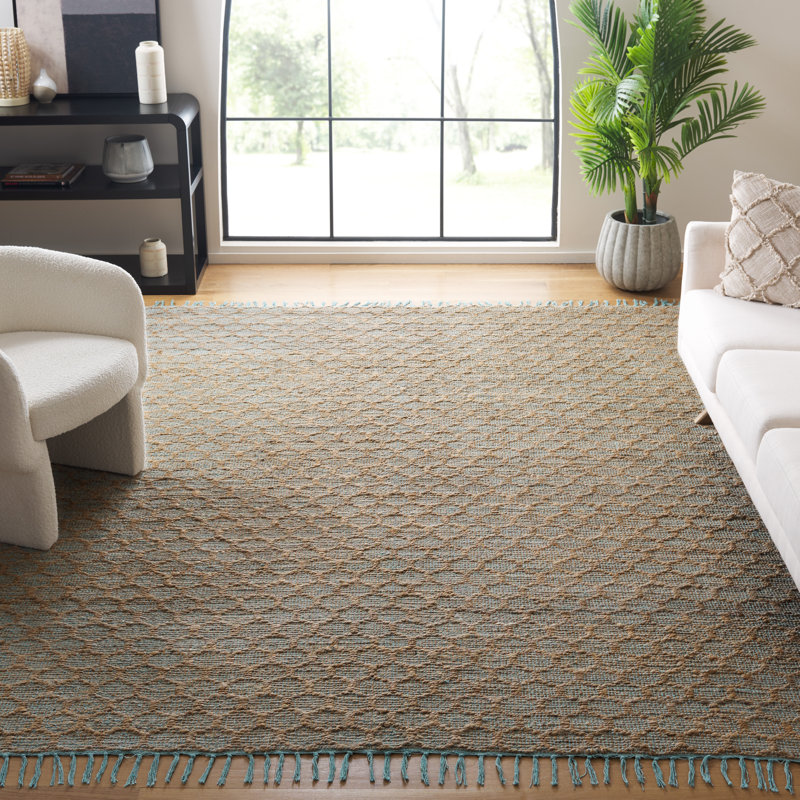 Tapis géométrique bleu clair / naturel tissé à la main Kamali, Rectangle 8 pi x 10 pi