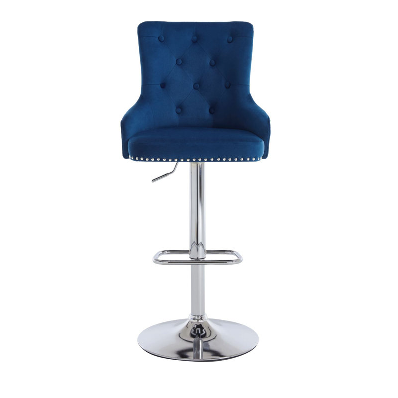 Set of 4 Swivel Adjustable Height Bar Stool With Chorme Base, Blue